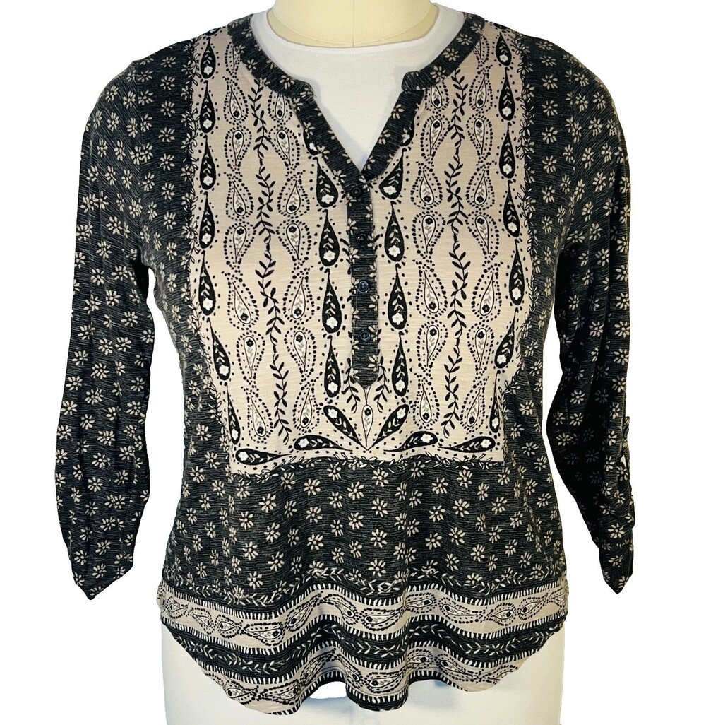 Style & Co Blouse Womens 1X V-Neck Henley Long Roll-Tab Sleeve Paisley Cotta